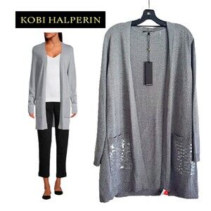 KOBI HALPERIN NEW PHOEBE Sequin Pockets Open Front Midi Cardigan XL
